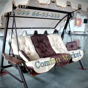 Садовые качели Техас Люкс с коричневым тентом и бежевым матрасом от Comfort Market