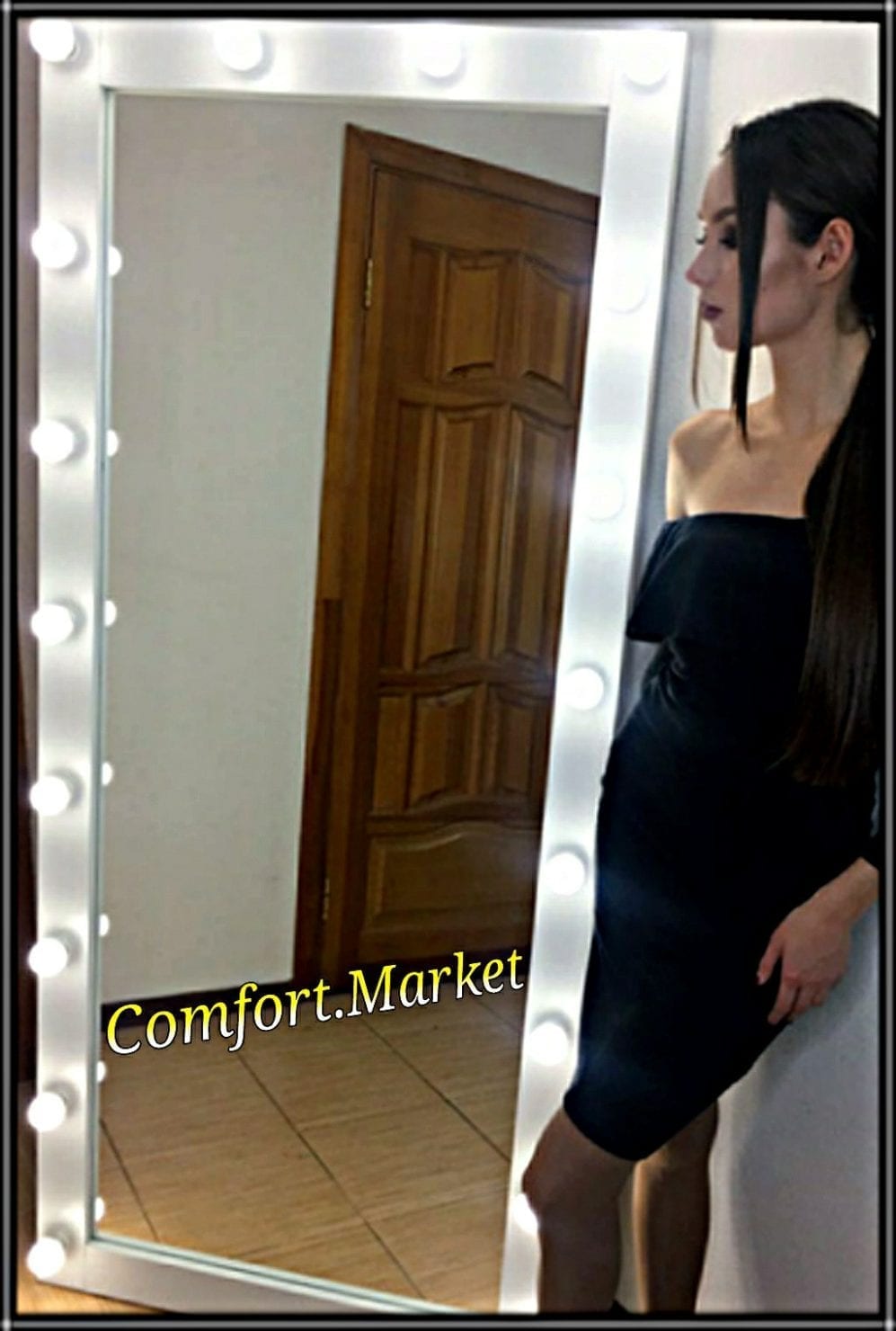 Зеркало в полный рост с подсветкой лампочками на подставке, 4 колесиках - Comfort Market Зеркало на пол или на стену в полный рост человека - мебель Comfort Market