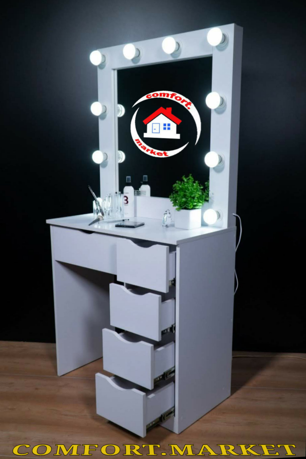 Workplace of the masterakmirror with bulbsiotable with drawers Купить в Киеве, Харькове гримерный стол и зеркало визажиста с подсветкой ЛЕД лампочками недорого - Comfort Market.