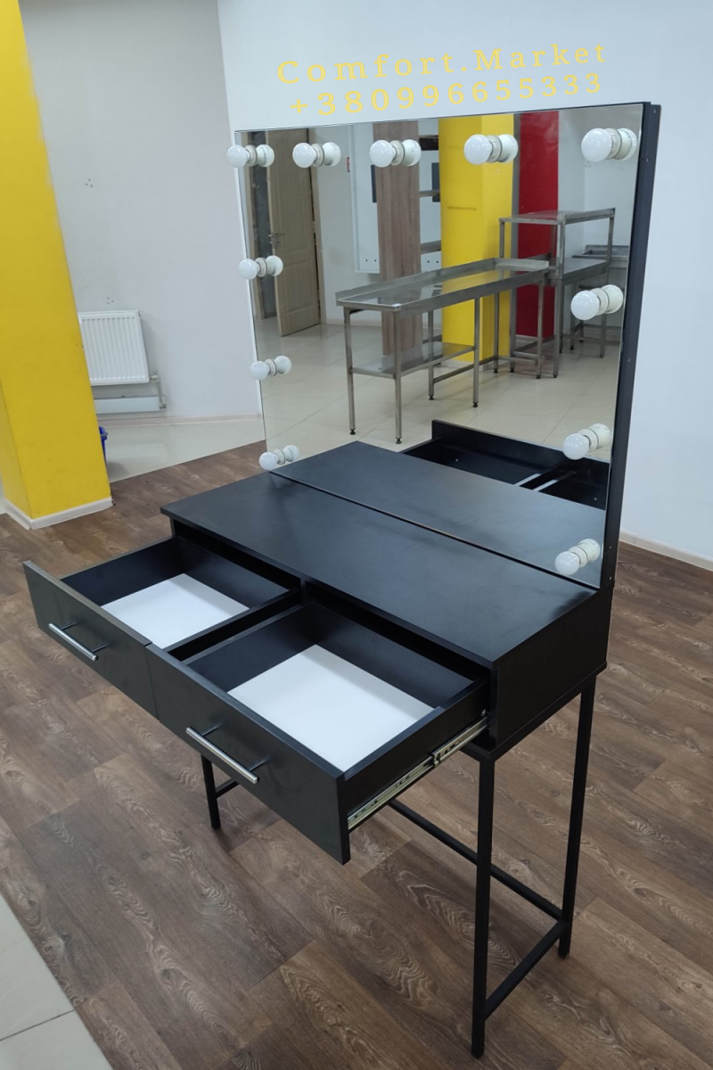 Loft dressing room table and makeup artist mirror without frame with lightingt Market Гримерное зеркало визажиста без рамы с подсветкой лампами и черный стол для макияжа с выдвижными ящиками - мебель лофт.